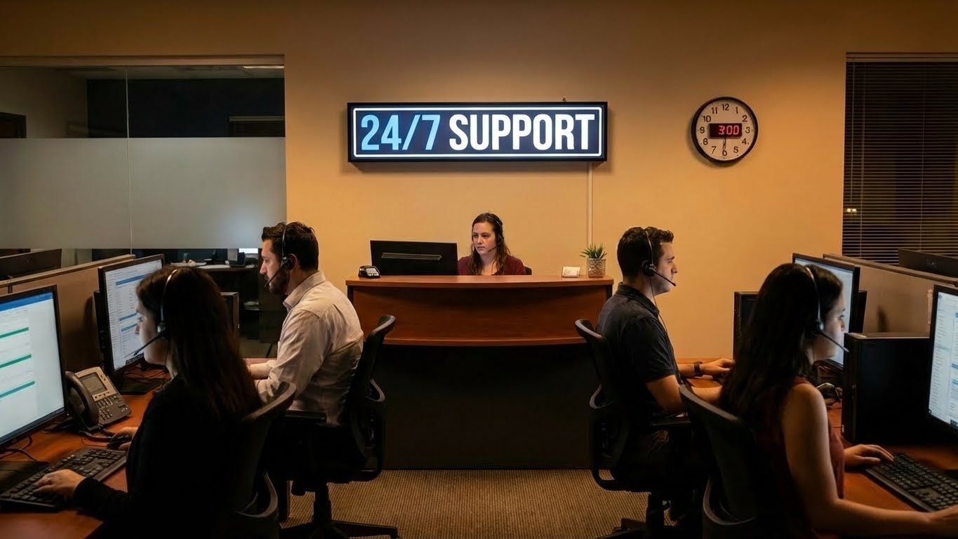 Team managing high call volumes with overflow call answering service solutions