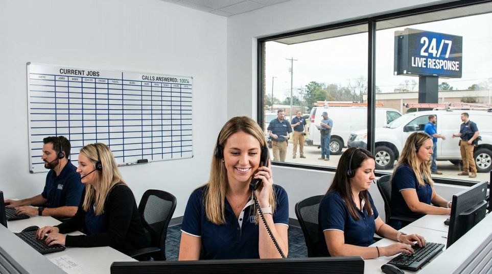 Skilled tradie responding to a client call on-site representing call answering for trades and contractors