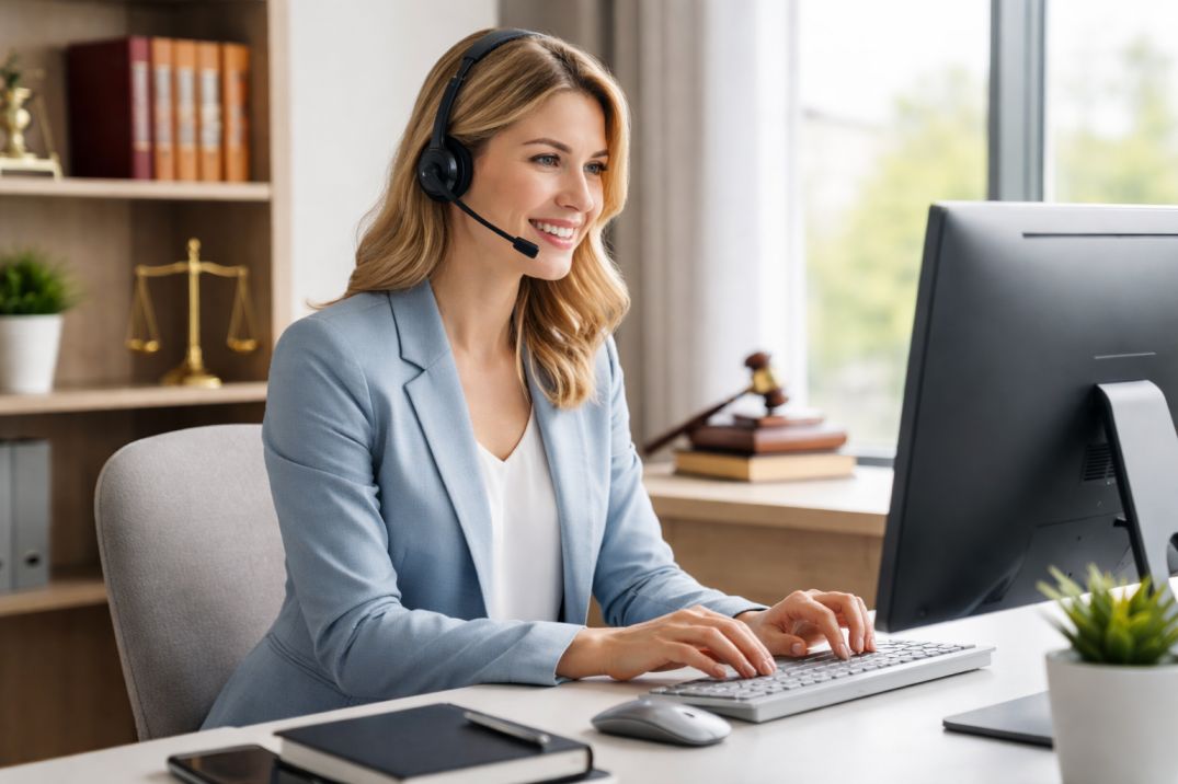 answering service for law firms receptionist handling client calls in a professional office