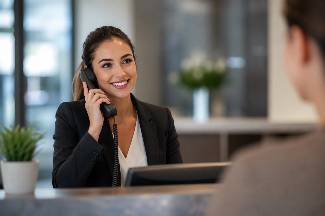 customer experience first phone call with friendly receptionist answering business call in modern Perth office