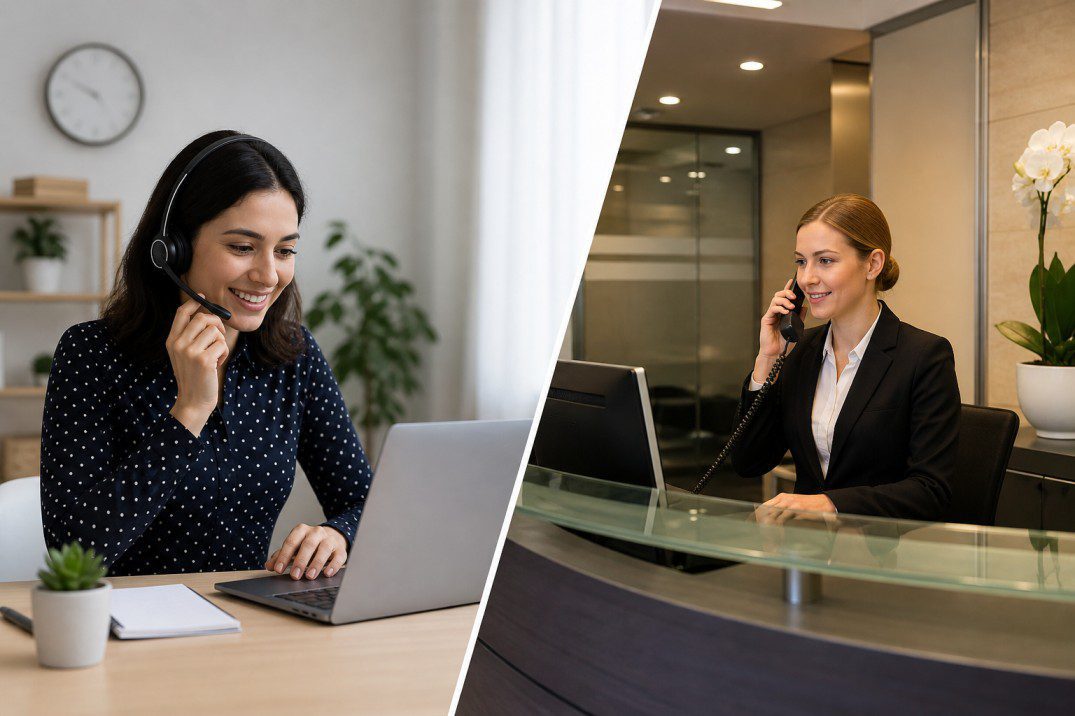 virtual receptionist vs in-house receptionist comparison showing remote call handling and office front desk setup